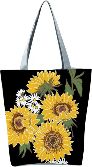 New Women's Slouchy Large Capacity Zippered Sunflower Printed Shoulder Bag Nylon Shoulder Bag (I, One Size)
