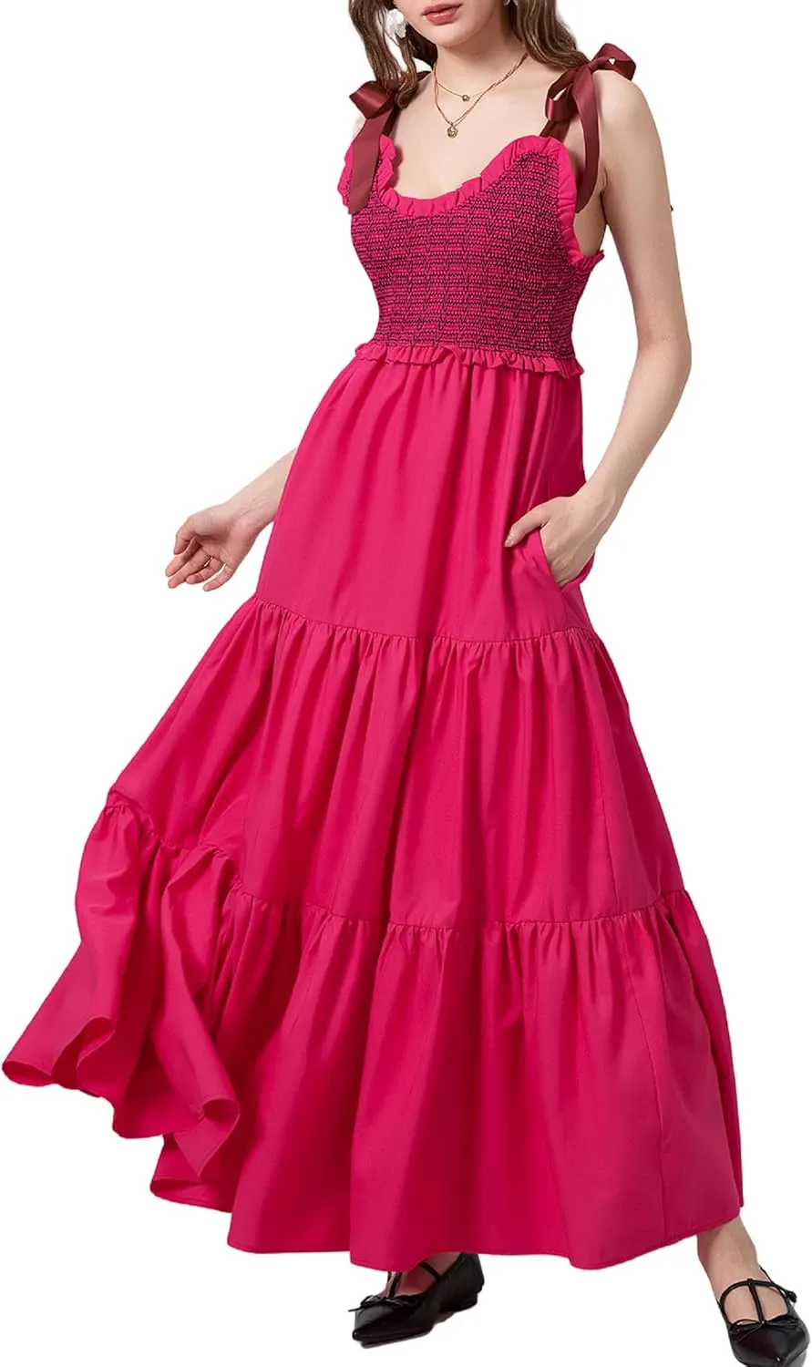 NUFIWI Boho Tie Shoulder Dress for Women Floral Patchwork Long Sundress Sleeveless Flowy Smocked Summer Bohemian Dresses