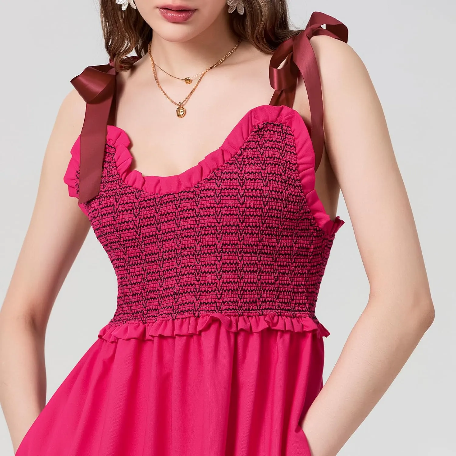 NUFIWI Boho Tie Shoulder Dress for Women Floral Patchwork Long Sundress Sleeveless Flowy Smocked Summer Bohemian Dresses