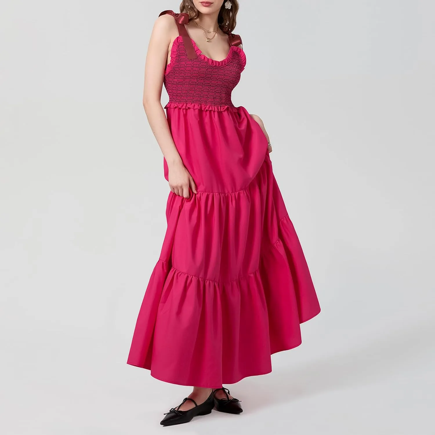 NUFIWI Boho Tie Shoulder Dress for Women Floral Patchwork Long Sundress Sleeveless Flowy Smocked Summer Bohemian Dresses