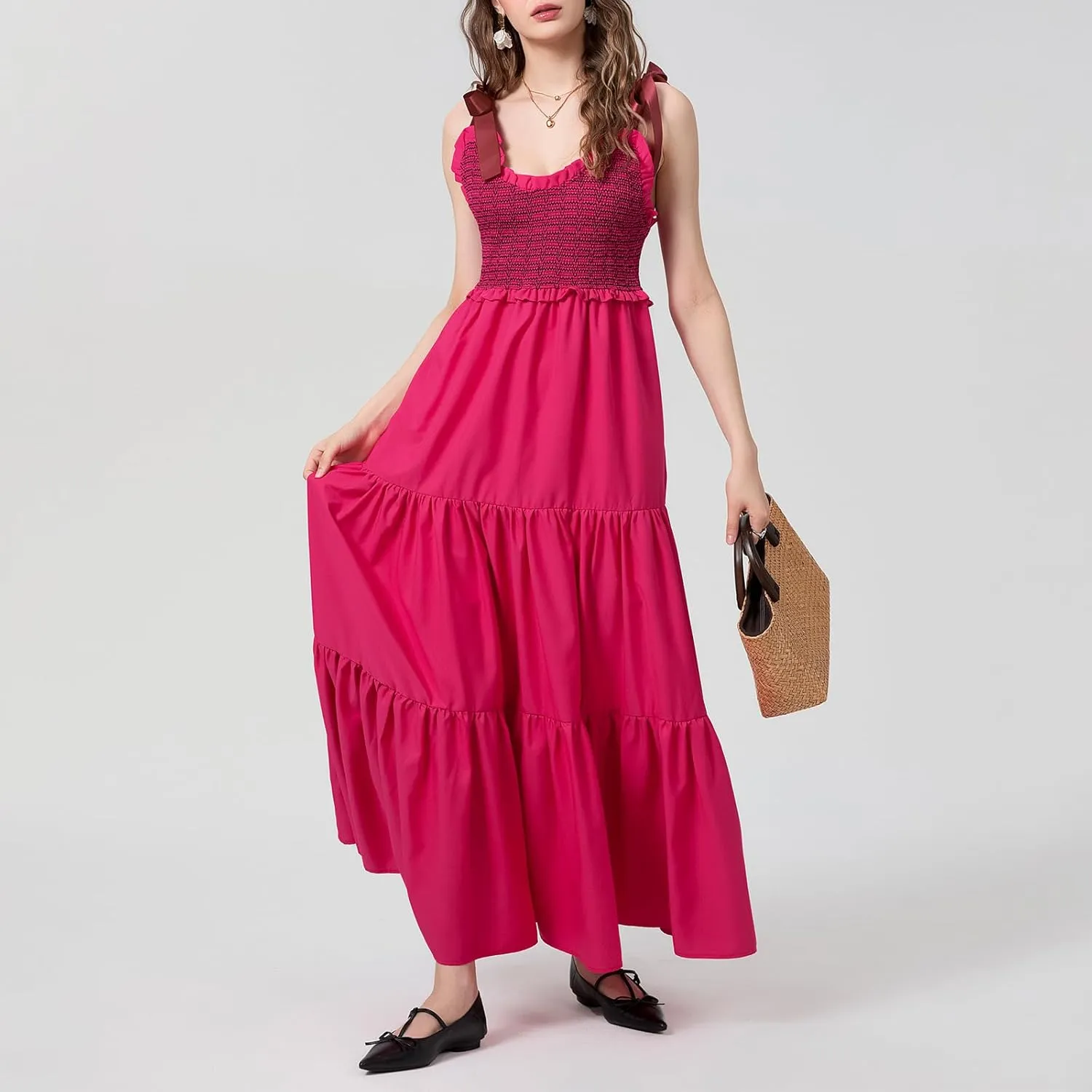NUFIWI Boho Tie Shoulder Dress for Women Floral Patchwork Long Sundress Sleeveless Flowy Smocked Summer Bohemian Dresses