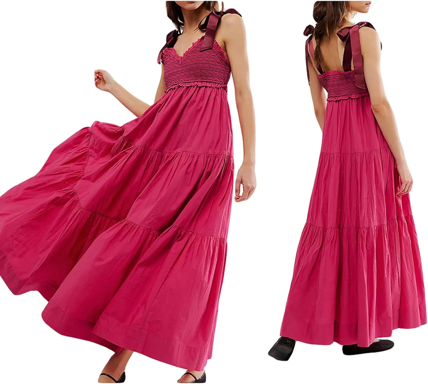 NUFIWI Boho Tie Shoulder Dress for Women Floral Patchwork Long Sundress Sleeveless Flowy Smocked Summer Bohemian Dresses