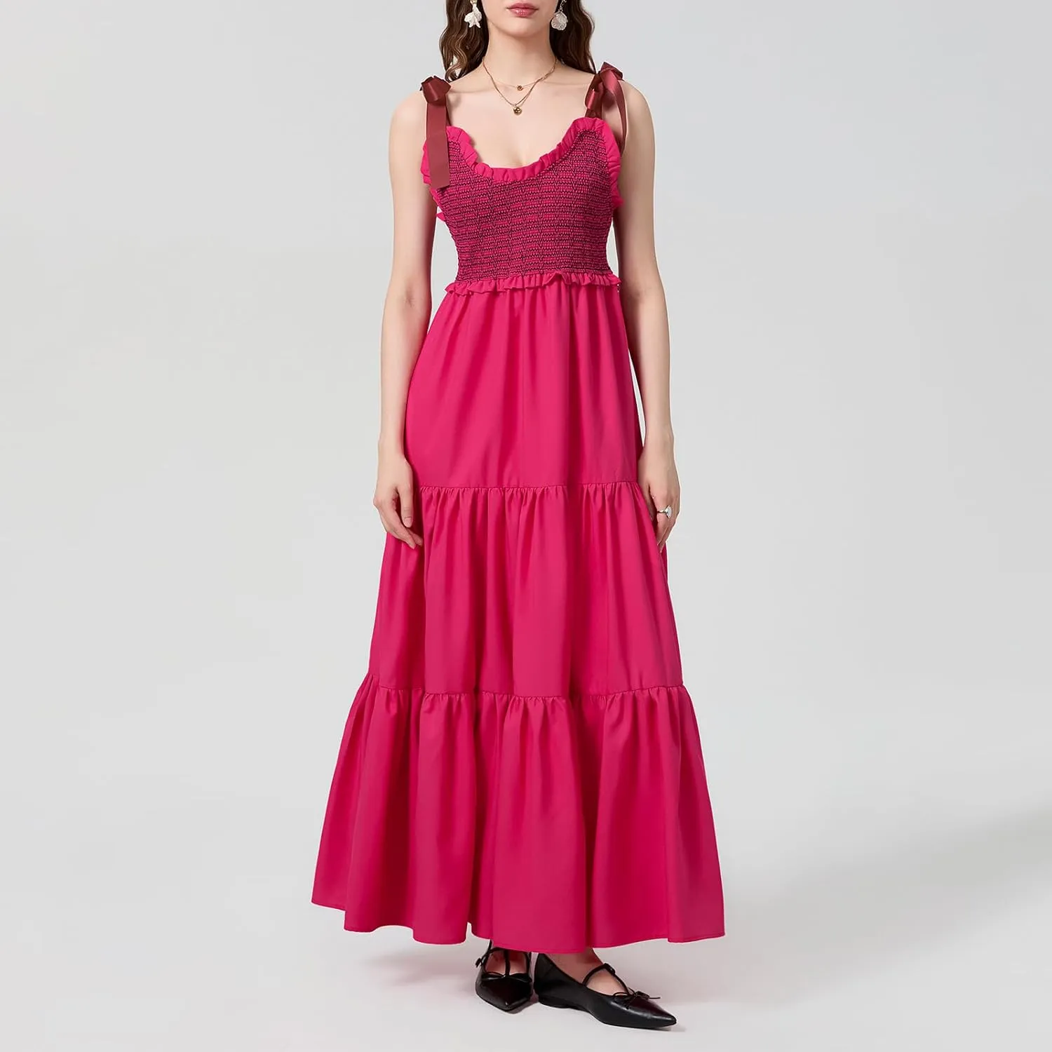 NUFIWI Boho Tie Shoulder Dress for Women Floral Patchwork Long Sundress Sleeveless Flowy Smocked Summer Bohemian Dresses