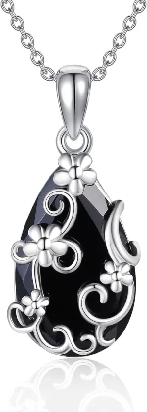 ONEFINITY Black Onyx Necklace Sterling Silver Filigree Black Onyx Pendant Jewelry Natural Onyx Jewelry for Women