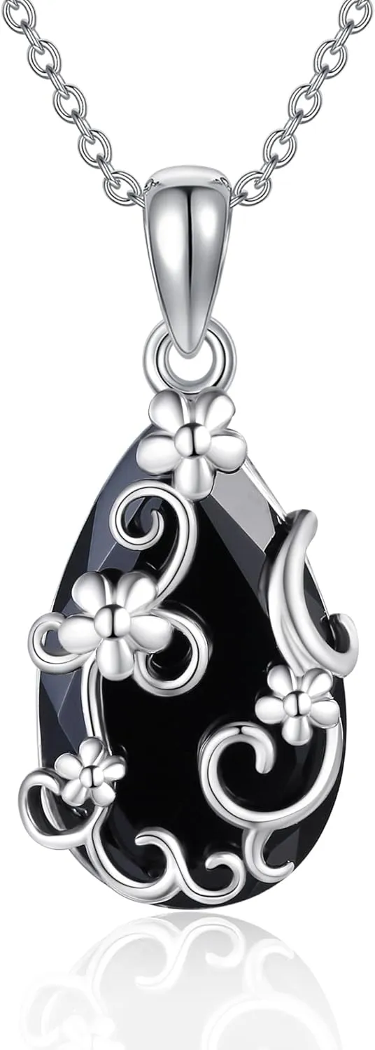 ONEFINITY Black Onyx Necklace Sterling Silver Filigree Black Onyx Pendant Jewelry Natural Onyx Jewelry for Women