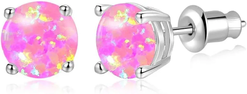 Opal Stud Earrings for Women Girls 14K White Gold Plated Hypoallergenic Opal Jewelry for Sensitive Ears 6mm