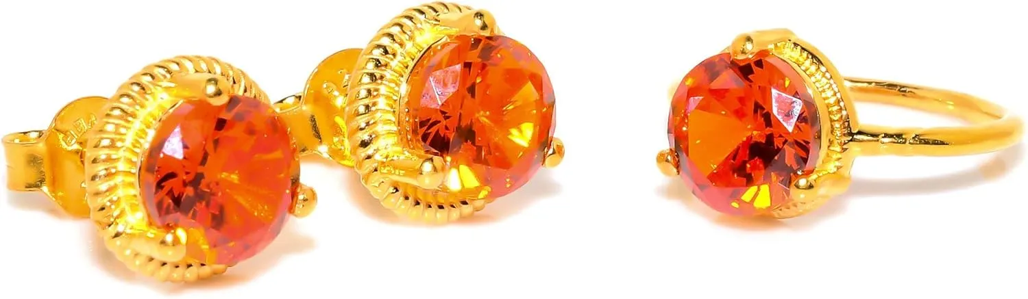 Orange Topaz Jewelry Set, Sterling Silver or Gold-Plated Ring and Stud Earrings, Round Cut