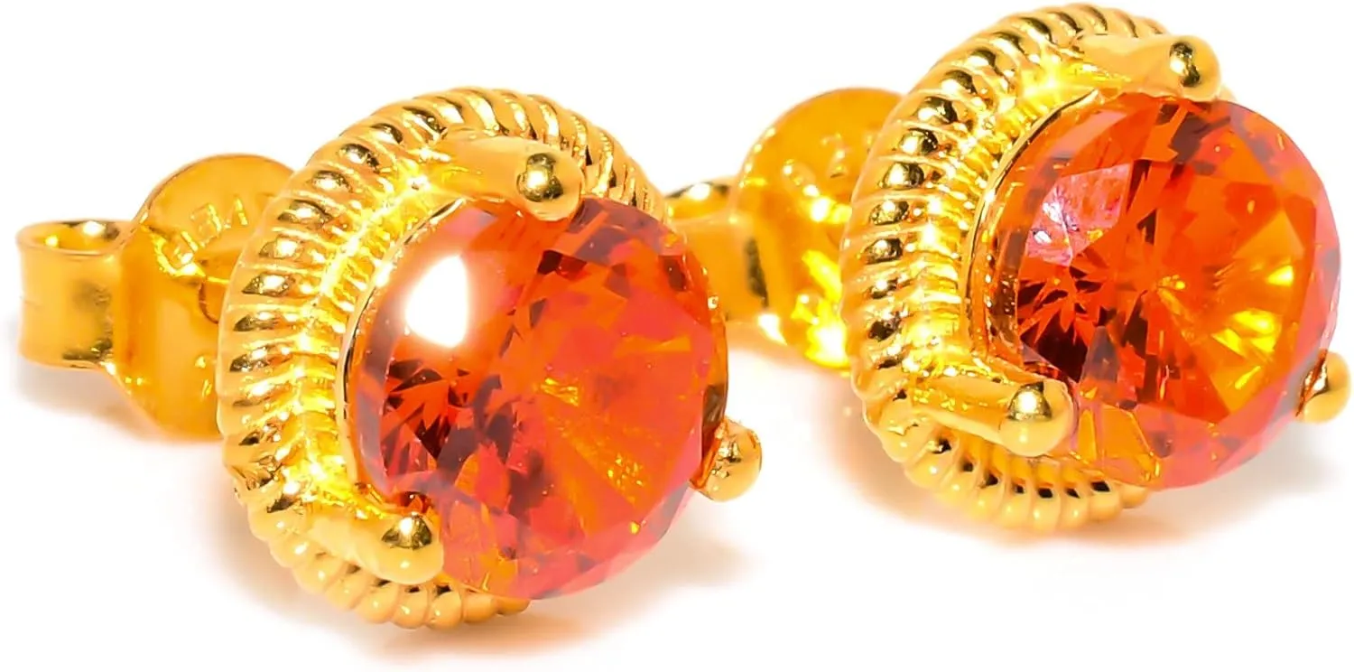 Orange Topaz Jewelry Set, Sterling Silver or Gold-Plated Ring and Stud Earrings, Round Cut