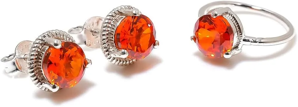 Orange Topaz Jewelry Set, Sterling Silver or Gold-Plated Ring and Stud Earrings, Round Cut