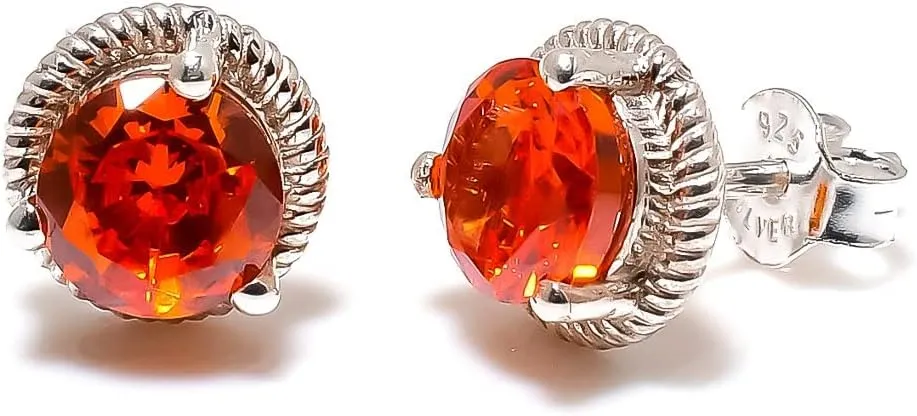 Orange Topaz Jewelry Set, Sterling Silver or Gold-Plated Ring and Stud Earrings, Round Cut