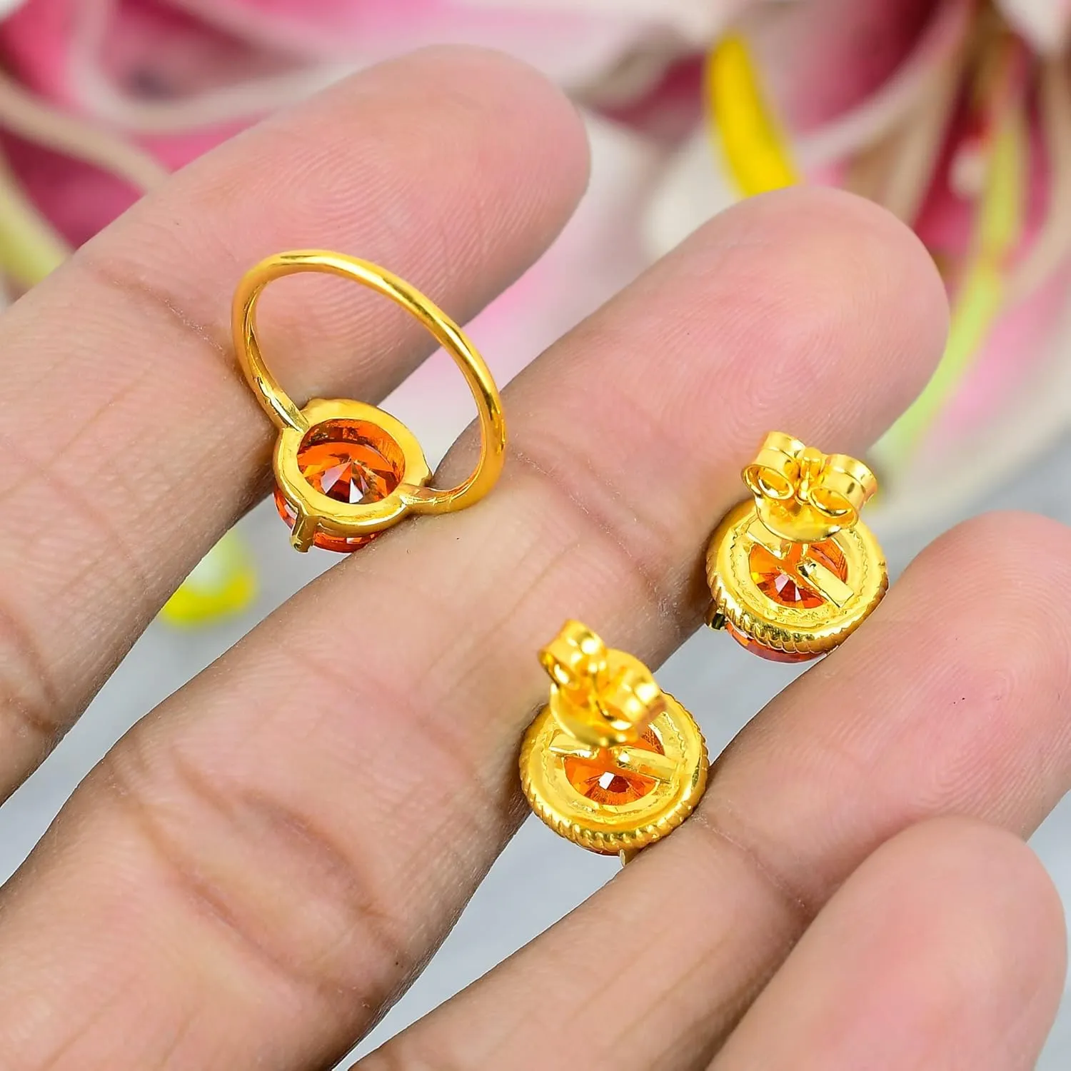 Orange Topaz Jewelry Set, Sterling Silver or Gold-Plated Ring and Stud Earrings, Round Cut