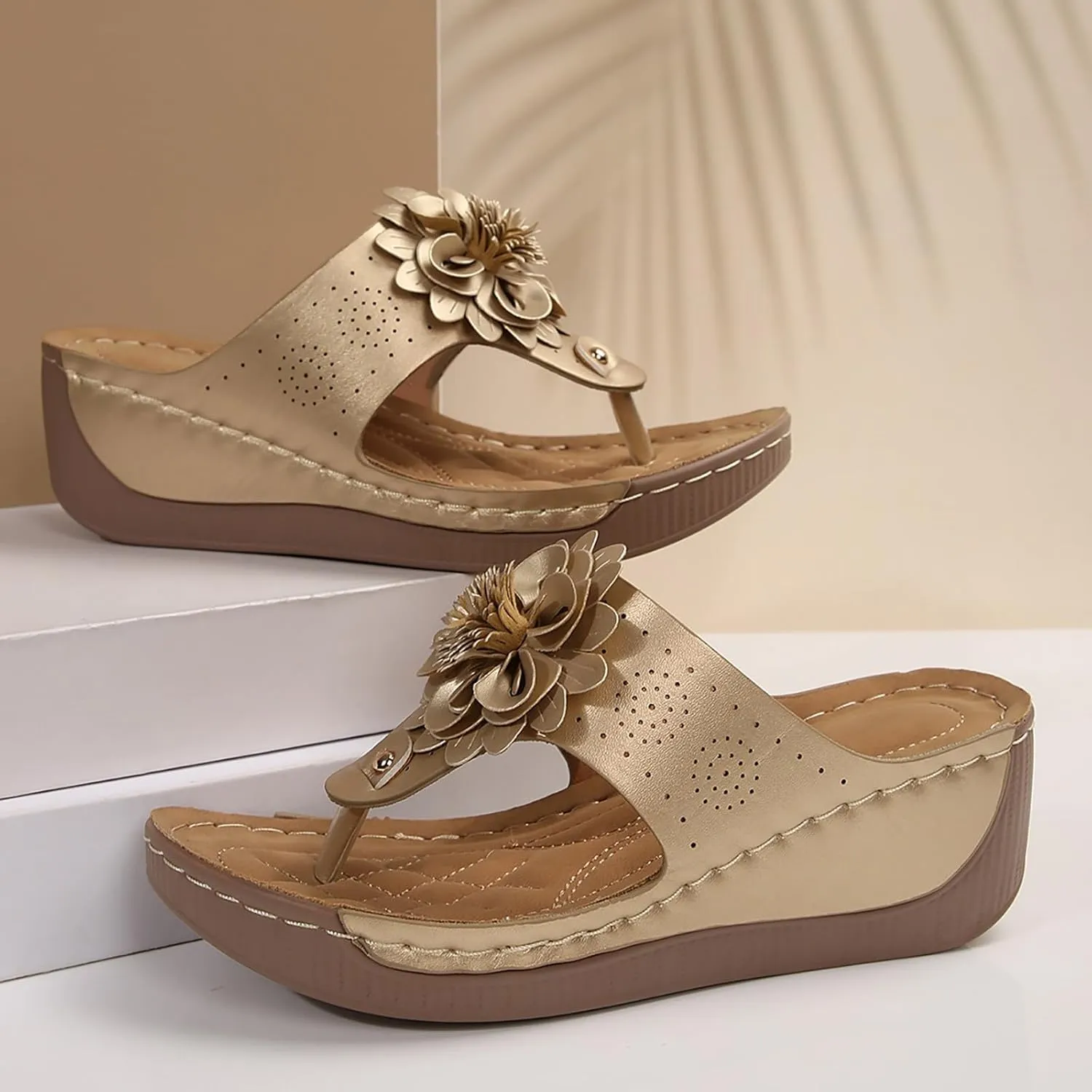 Orthopedic Wedge Sandals for Women Dressy Summer Walking Open Toe Solid Color Casual Comfortable Flower Thick Sole Sandals Casual Backless Beach Vacation Party Mules Slide Shoes