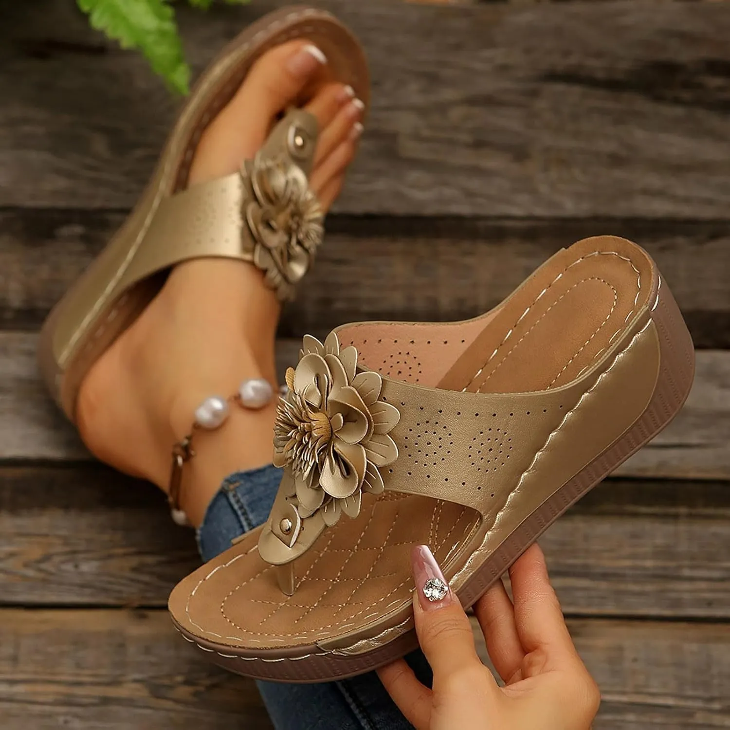 Orthopedic Wedge Sandals for Women Dressy Summer Walking Open Toe Solid Color Casual Comfortable Flower Thick Sole Sandals Casual Backless Beach Vacation Party Mules Slide Shoes