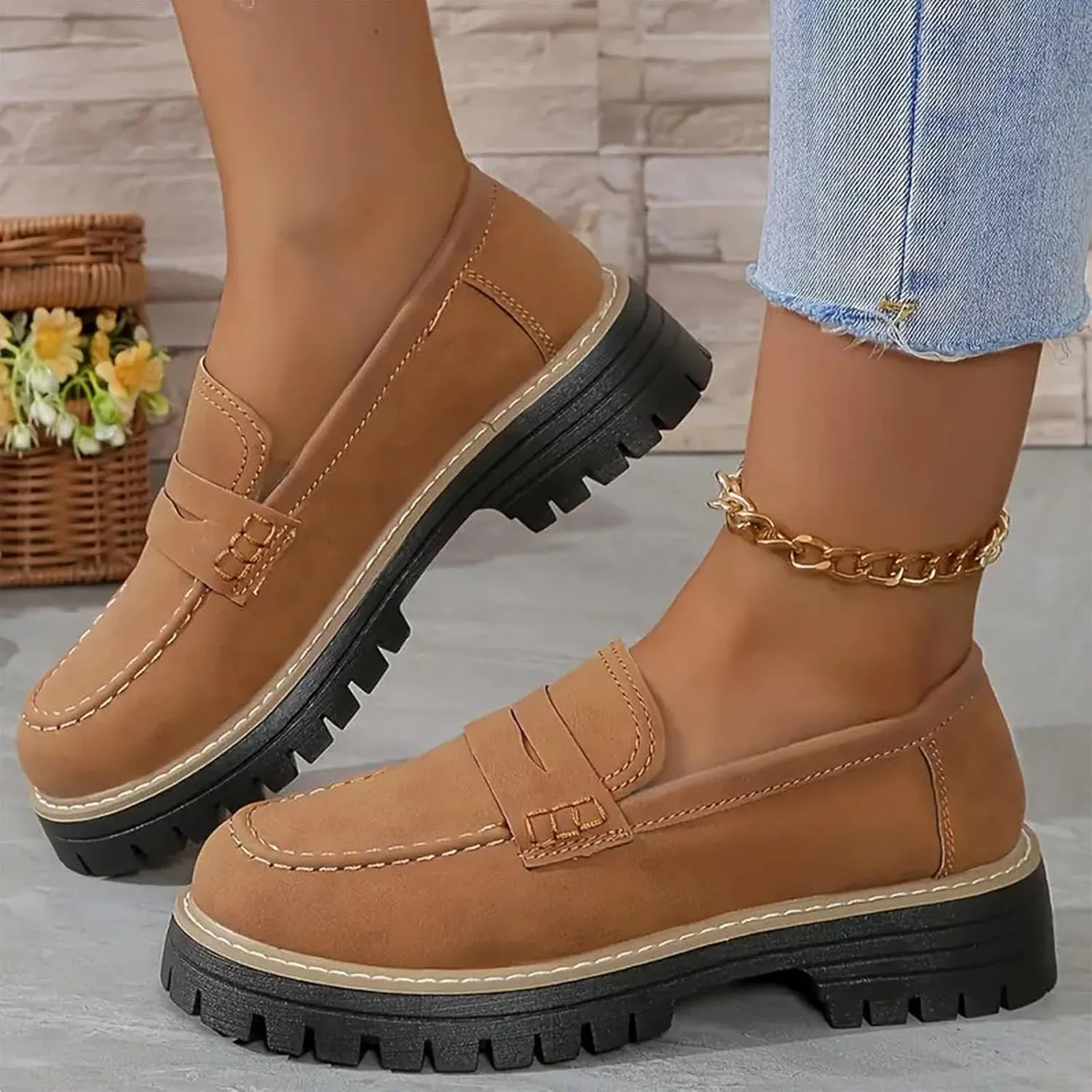 Orthoture Orthopedic Platform Loafers, Lug Sole Loafers for Women, Womens Round Toe Walking Shoe,Slip on Shoes