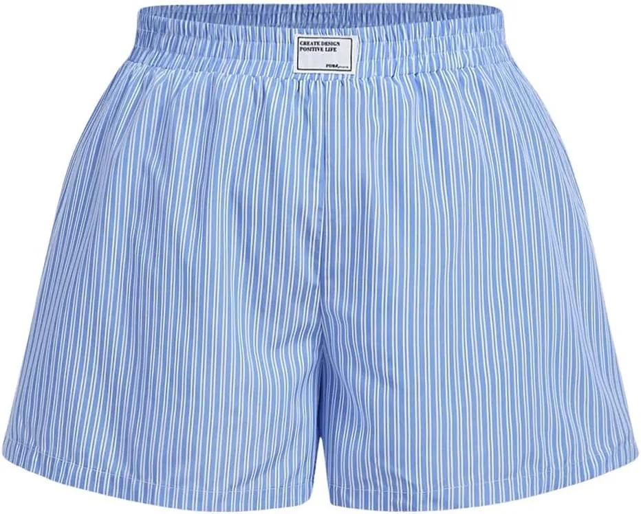 OYOANGLE Women's Plus Size Striped Shorts Elastic Waist Straight Leg Shorts Summer Boxer Shorts