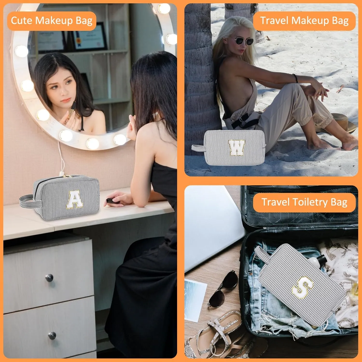 Personalized Initial Makeup Bag A-Z, Travel Toiletry Bag Preppy Make Up Bags Girls Cute Cosmetic Pouch Makeup Organizer Wedding Birthday Mothers Day Gifts for Women (Black, U)