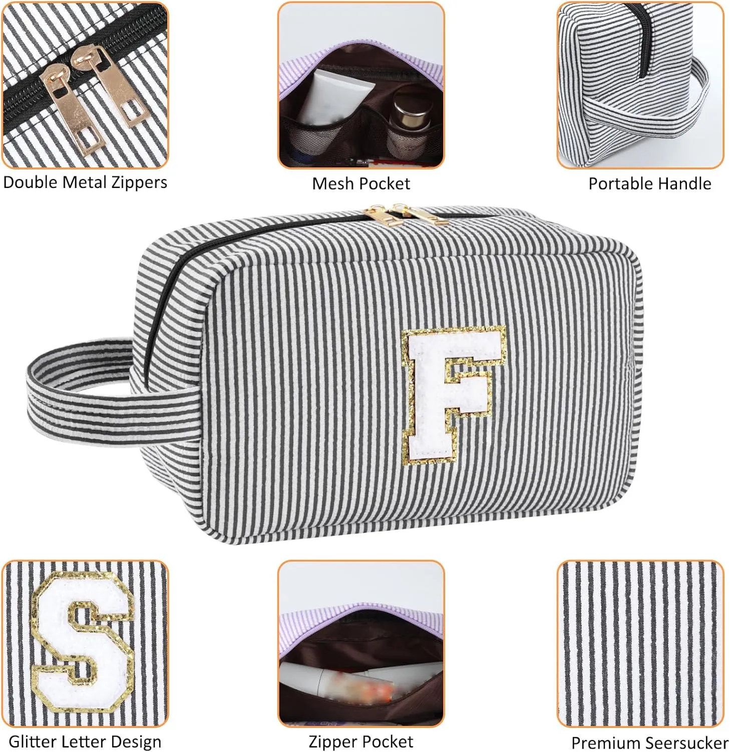 Personalized Initial Makeup Bag A-Z, Travel Toiletry Bag Preppy Make Up Bags Girls Cute Cosmetic Pouch Makeup Organizer Wedding Birthday Mothers Day Gifts for Women (Black, U)