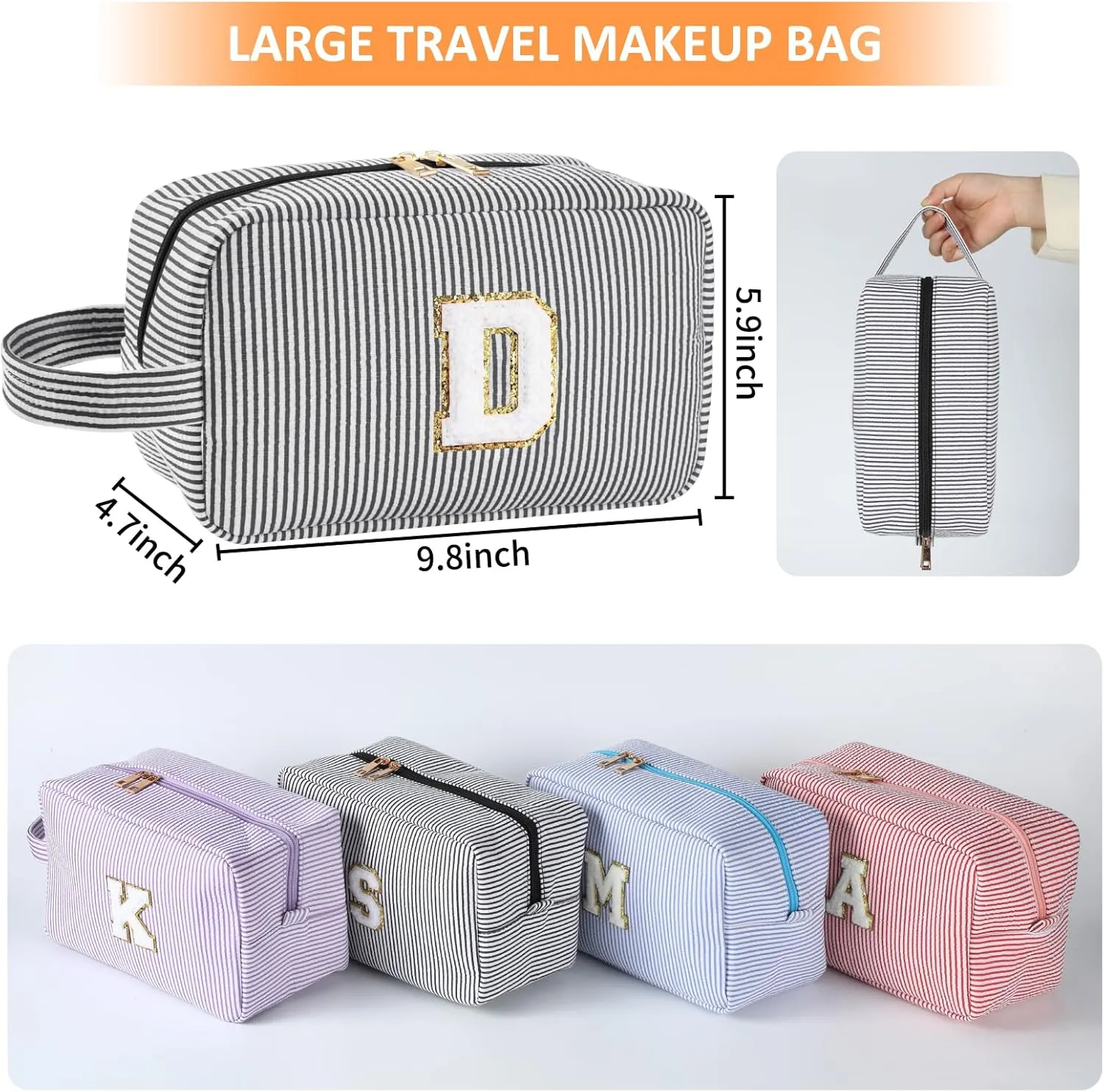 Personalized Initial Makeup Bag A-Z, Travel Toiletry Bag Preppy Make Up Bags Girls Cute Cosmetic Pouch Makeup Organizer Wedding Birthday Mothers Day Gifts for Women (Black, U)