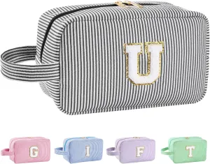 Personalized Initial Makeup Bag A-Z, Travel Toiletry Bag Preppy Make Up Bags Girls Cute Cosmetic Pouch Makeup Organizer Wedding Birthday Mothers Day Gifts for Women (Black, U)