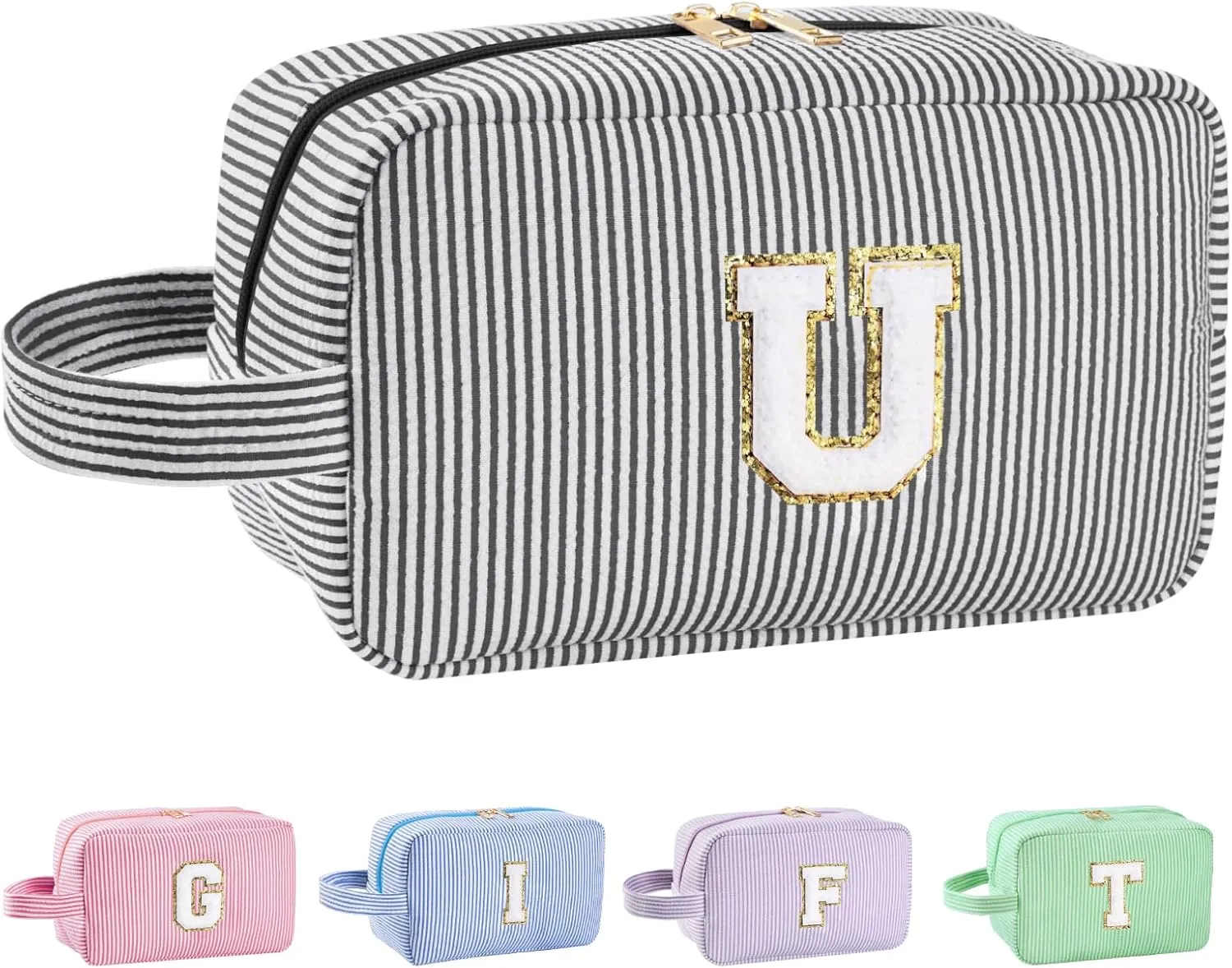 Personalized Initial Makeup Bag A-Z, Travel Toiletry Bag Preppy Make Up Bags Girls Cute Cosmetic Pouch Makeup Organizer Wedding Birthday Mothers Day Gifts for Women (Black, U)