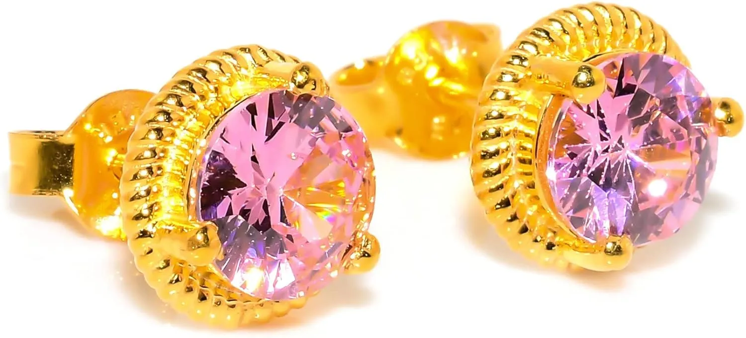 Pink Morganite Jewelry Set, Sterling Silver or Gold-Plated Ring and Stud Earrings, Round Cut