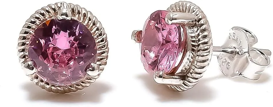 Pink Morganite Jewelry Set, Sterling Silver or Gold-Plated Ring and Stud Earrings, Round Cut