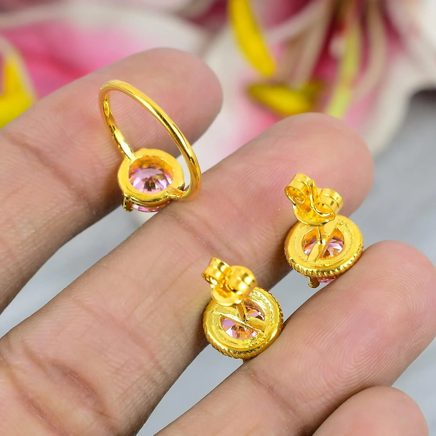 Pink Morganite Jewelry Set, Sterling Silver or Gold-Plated Ring and Stud Earrings, Round Cut