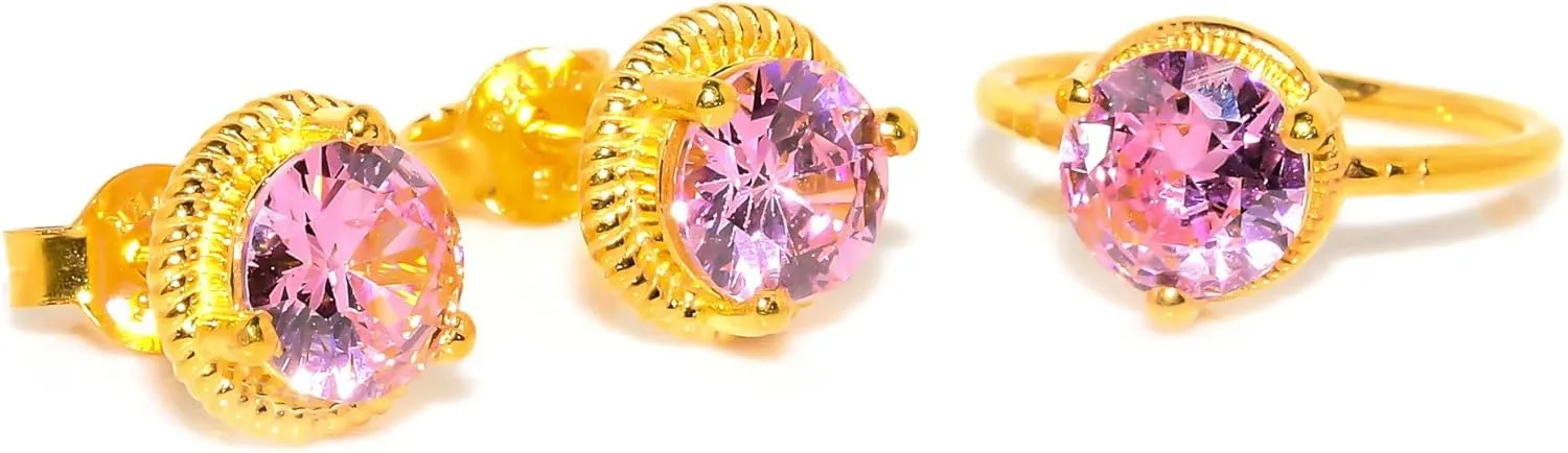 Pink Morganite Jewelry Set, Sterling Silver or Gold-Plated Ring and Stud Earrings, Round Cut