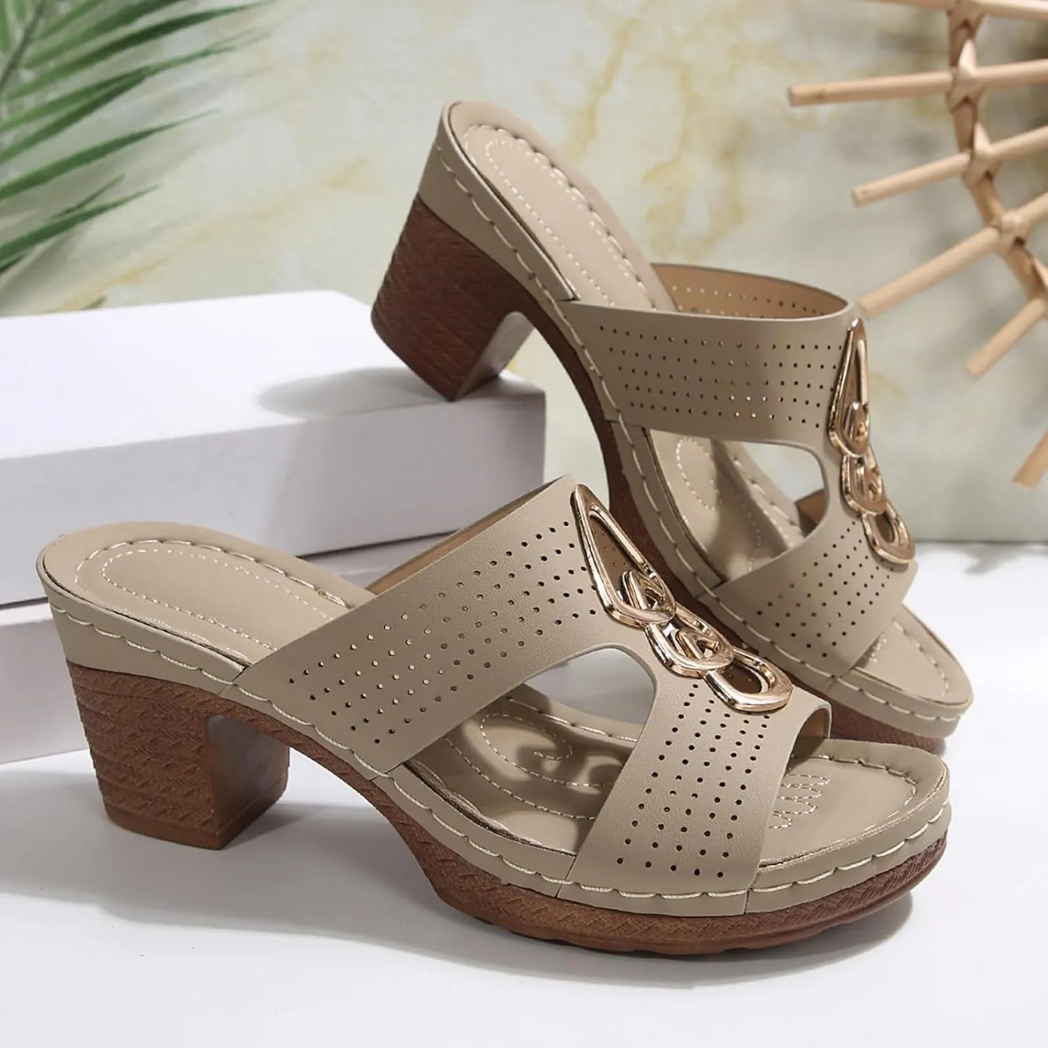 Platform Heels Sandals for Women Low Block Chunky Heeled Slip On Mules Summer Casual Open Toe Comfortable Walking Sandal