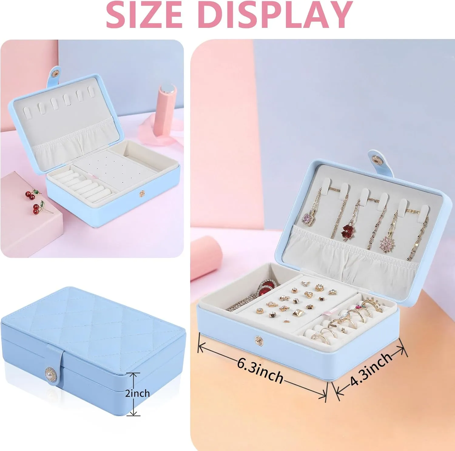Portable Jewelry Box, 2 Layer Small Travel Jewelry Box for Women and Girls, Mini Leather Jewelry Organizer for Necklaces, Bracelet, Earrings and Rings Gift for Her (blue)