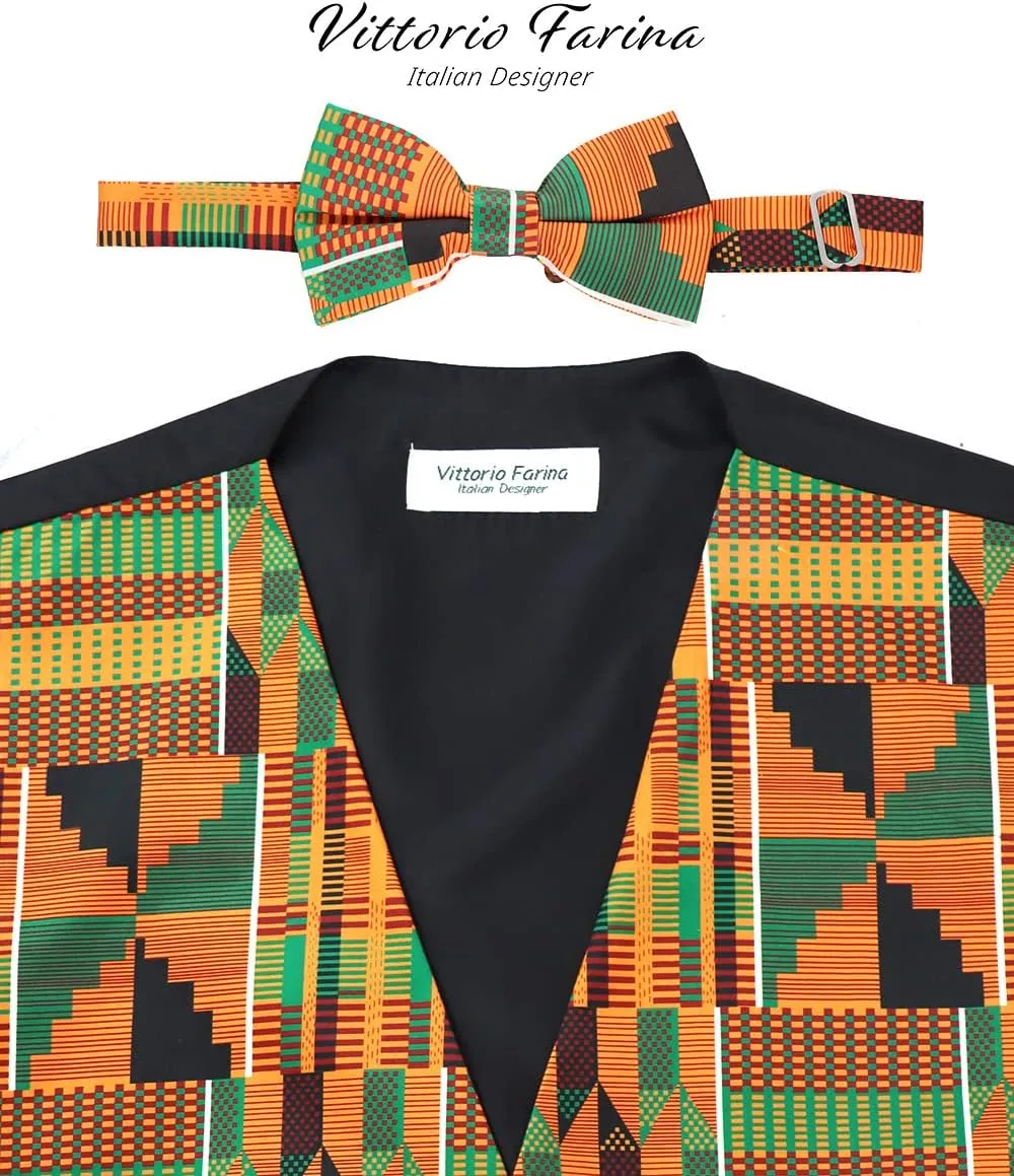Premium Mens Vest & Bow Tie 2PC Set - African Kente & Animal Print Vest Set