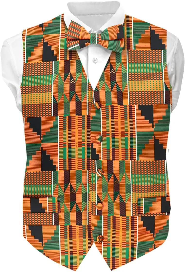 Premium Mens Vest & Bow Tie 2PC Set - African Kente & Animal Print Vest Set