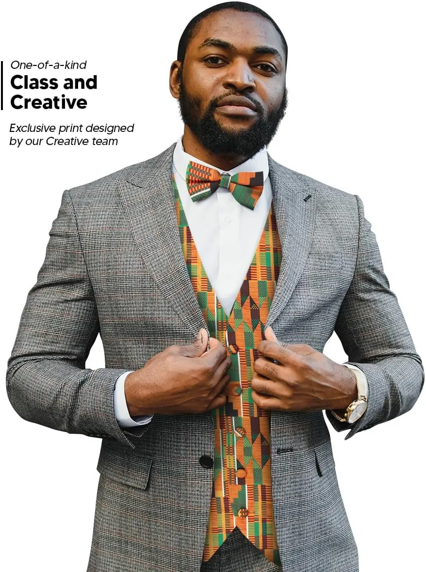 Premium Mens Vest & Bow Tie 2PC Set - African Kente & Animal Print Vest Set