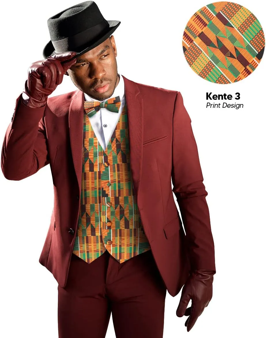 Premium Mens Vest & Bow Tie 2PC Set - African Kente & Animal Print Vest Set