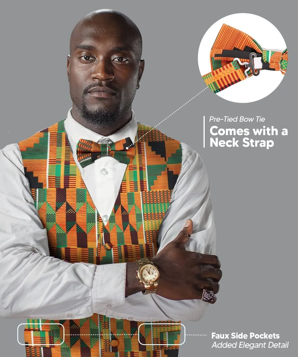 Premium Mens Vest & Bow Tie 2PC Set - African Kente & Animal Print Vest Set