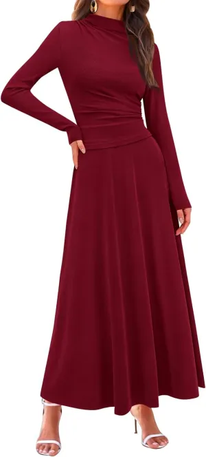 PRETTYGARDEN Long Sleeve Two Piece Skirt Sets Women 2 Piece Outfits Casual Ribbed Knit Mock Neck Ruched Top Swing Maxi Skirts
