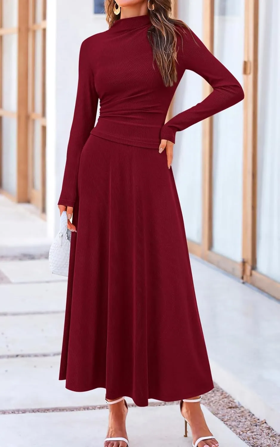 PRETTYGARDEN Long Sleeve Two Piece Skirt Sets Women 2 Piece Outfits Casual Ribbed Knit Mock Neck Ruched Top Swing Maxi Skirts