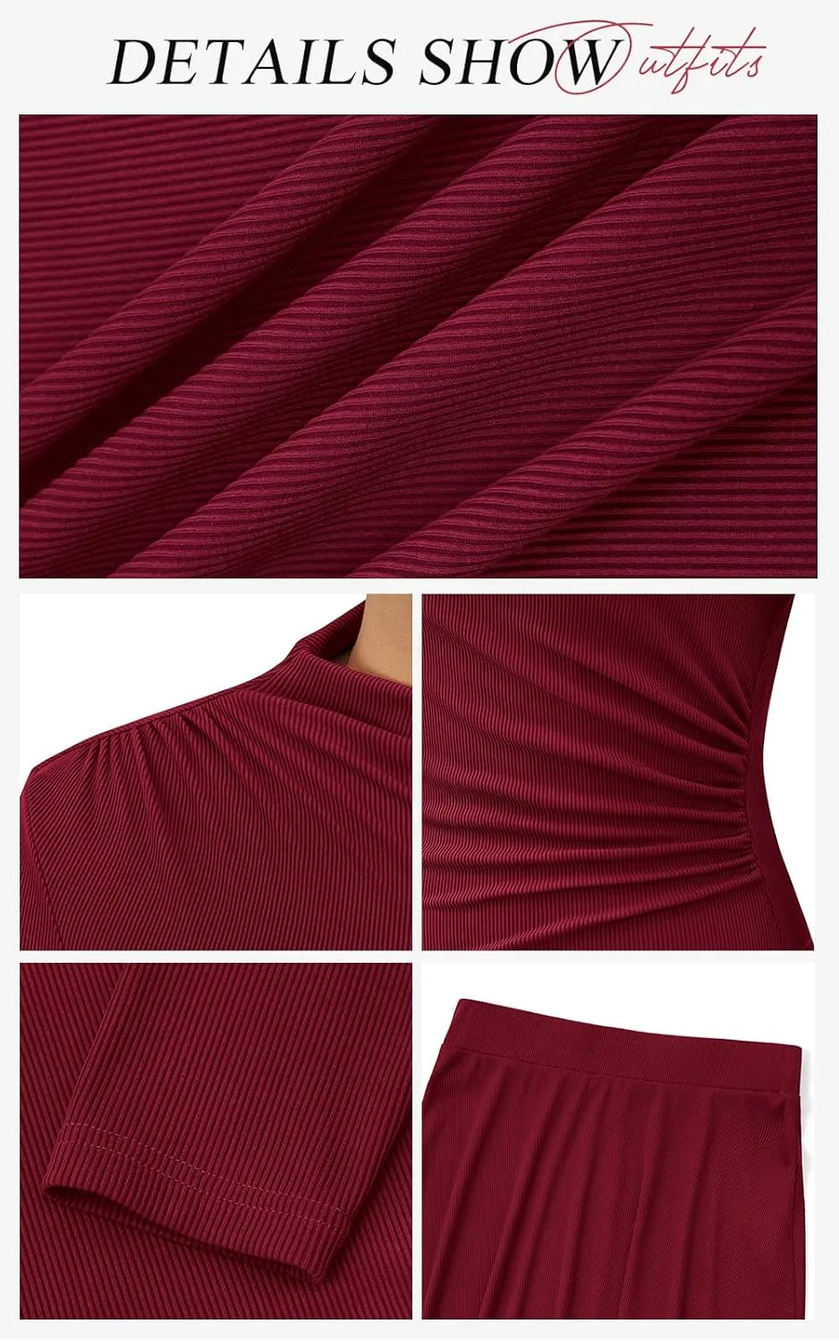PRETTYGARDEN Long Sleeve Two Piece Skirt Sets Women 2 Piece Outfits Casual Ribbed Knit Mock Neck Ruched Top Swing Maxi Skirts