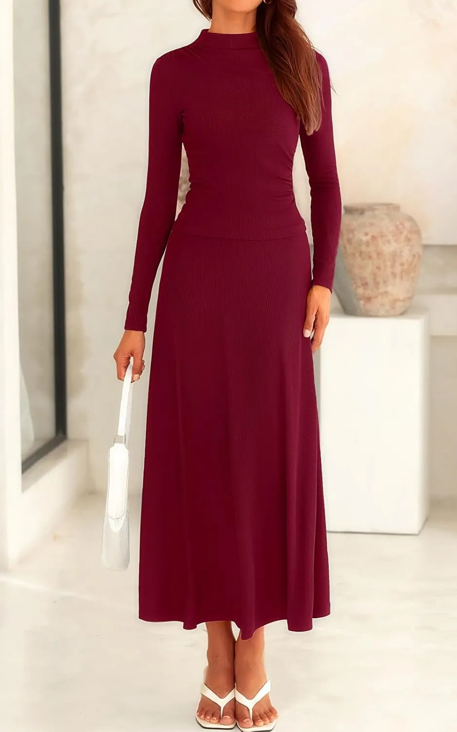 PRETTYGARDEN Long Sleeve Two Piece Skirt Sets Women 2 Piece Outfits Casual Ribbed Knit Mock Neck Ruched Top Swing Maxi Skirts