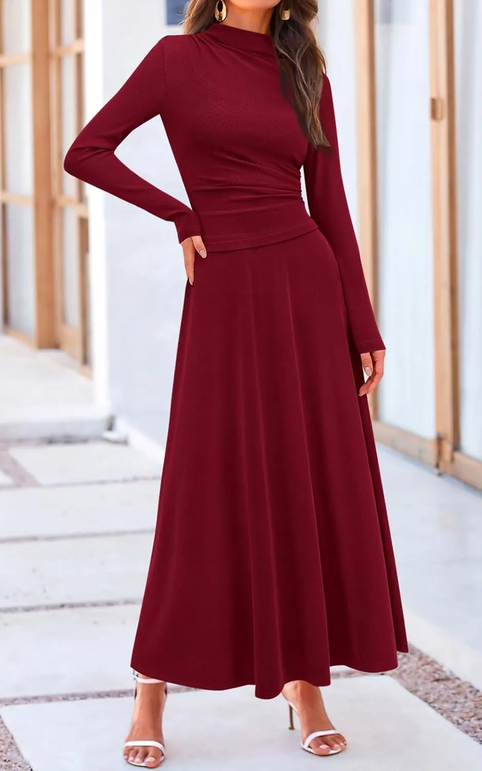 PRETTYGARDEN Long Sleeve Two Piece Skirt Sets Women 2 Piece Outfits Casual Ribbed Knit Mock Neck Ruched Top Swing Maxi Skirts