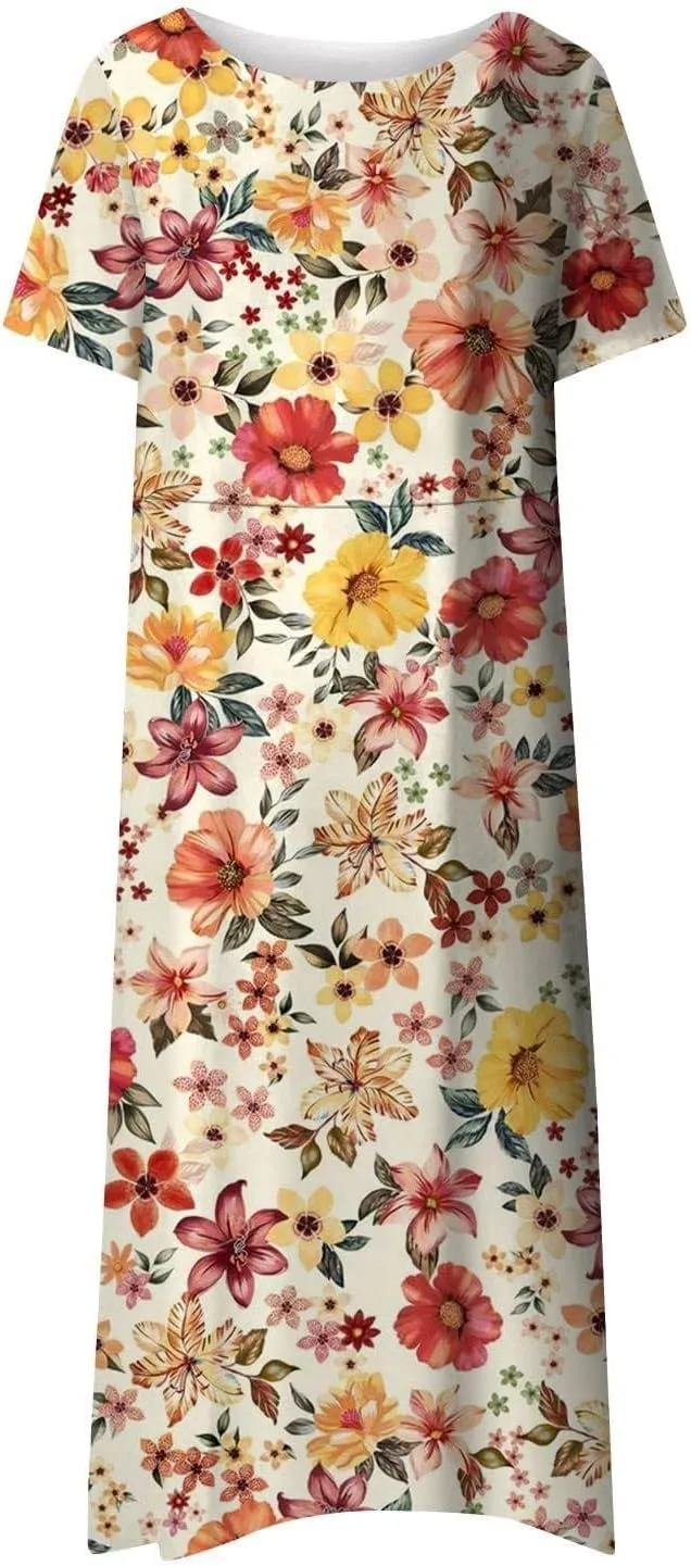 PTOLOCIF Maxi Dresses for Women,Summer Trendy Floral Printed Sundress,Casual Loose Crewneck Short Sleeve Midi Dress w/Pocket