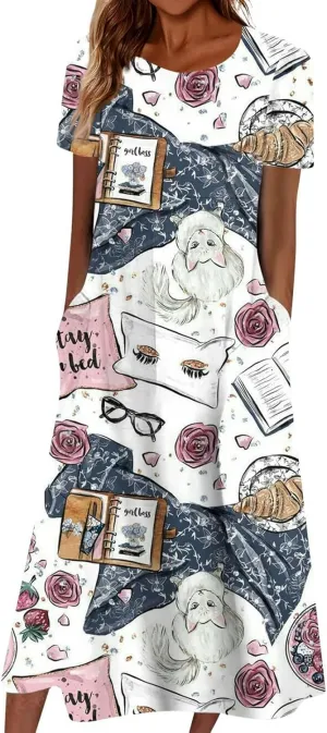 PTOLOCIF Maxi Dresses for Women,Summer Trendy Floral Printed Sundress,Casual Loose Crewneck Short Sleeve Midi Dress w/Pocket