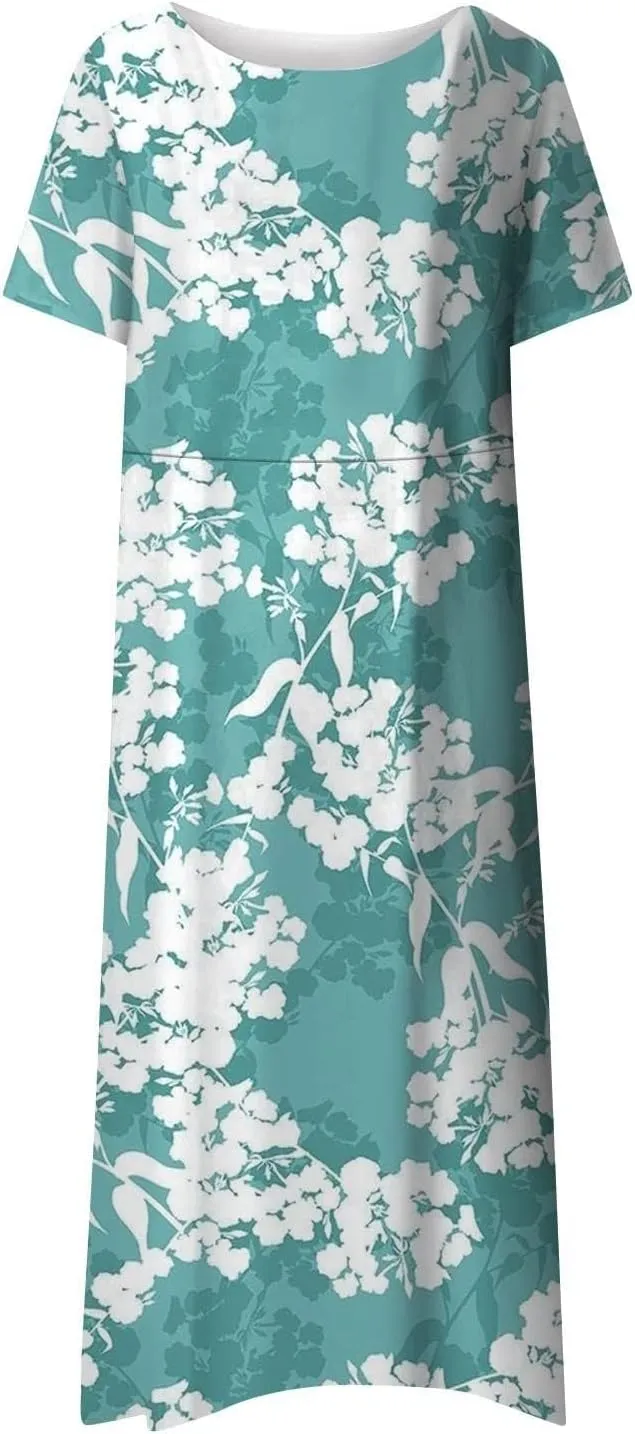 PTOLOCIF Maxi Dresses for Women,Summer Trendy Floral Printed Sundress,Casual Loose Crewneck Short Sleeve Midi Dress w/Pocket