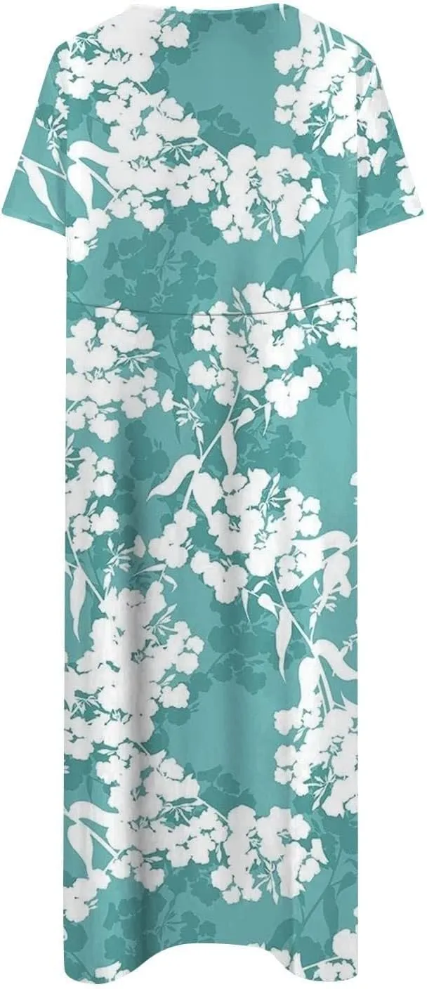 PTOLOCIF Maxi Dresses for Women,Summer Trendy Floral Printed Sundress,Casual Loose Crewneck Short Sleeve Midi Dress w/Pocket