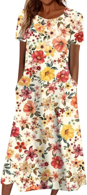 PTOLOCIF Maxi Dresses for Women,Summer Trendy Floral Printed Sundress,Casual Loose Crewneck Short Sleeve Midi Dress w/Pocket