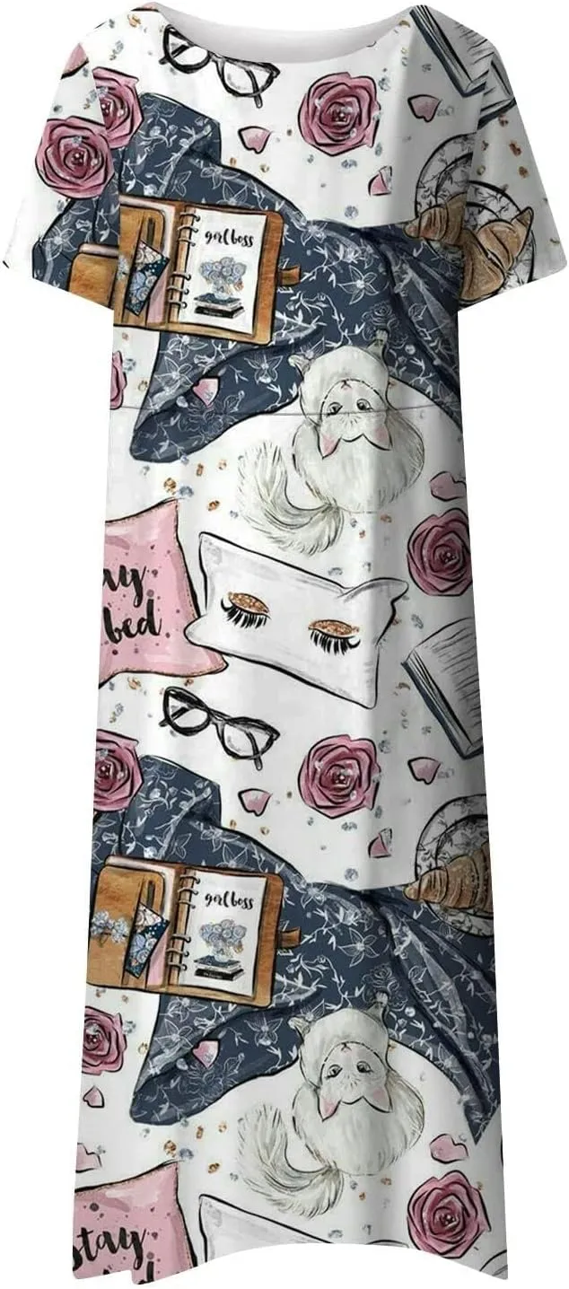 PTOLOCIF Maxi Dresses for Women,Summer Trendy Floral Printed Sundress,Casual Loose Crewneck Short Sleeve Midi Dress w/Pocket