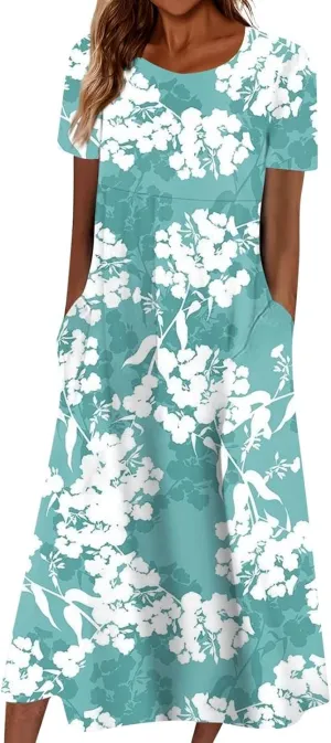 PTOLOCIF Maxi Dresses for Women,Summer Trendy Floral Printed Sundress,Casual Loose Crewneck Short Sleeve Midi Dress w/Pocket