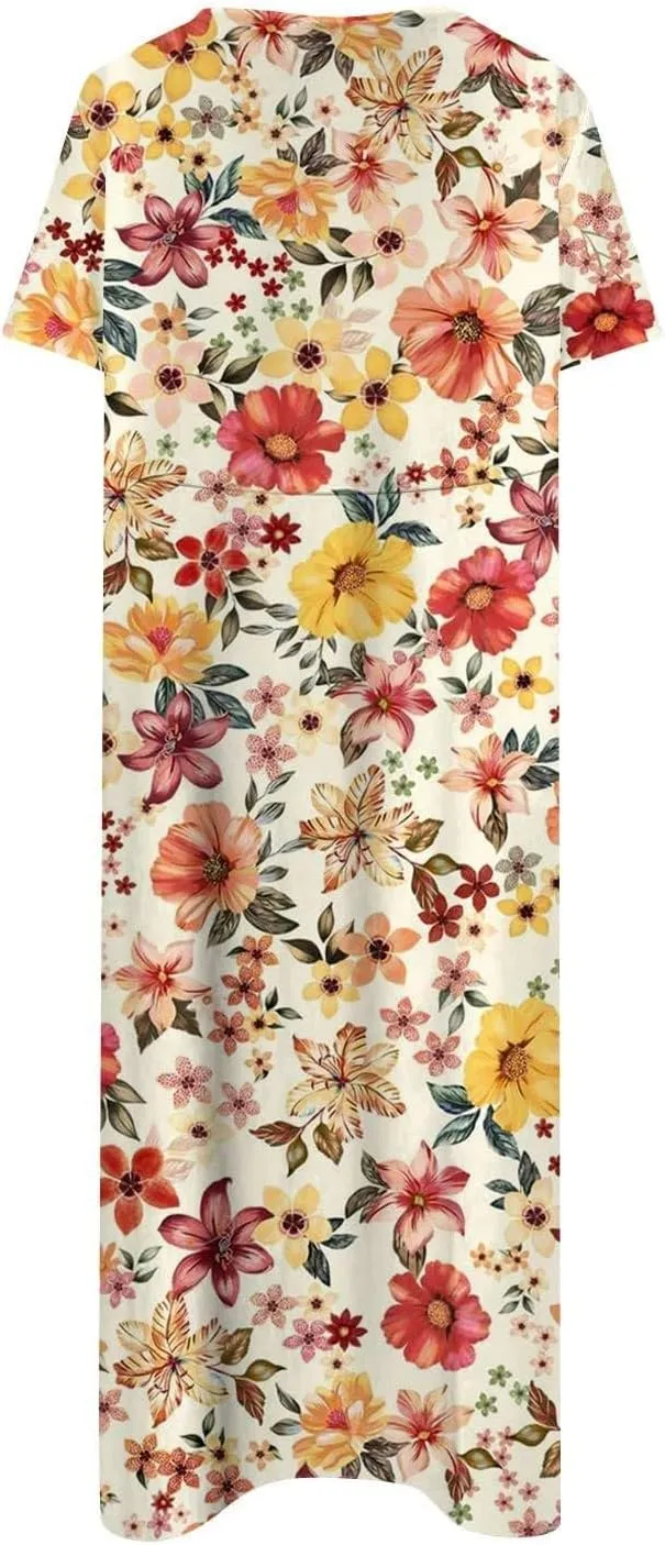 PTOLOCIF Maxi Dresses for Women,Summer Trendy Floral Printed Sundress,Casual Loose Crewneck Short Sleeve Midi Dress w/Pocket