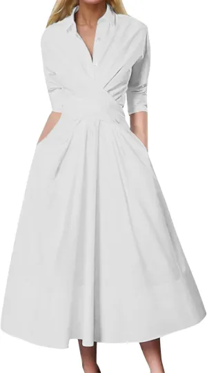 PTOLOCIF Women Solid Color Long Sleeve Belted Pleated Pocket Work Cocktail Party Dress Woman Body Dress Resort Wear