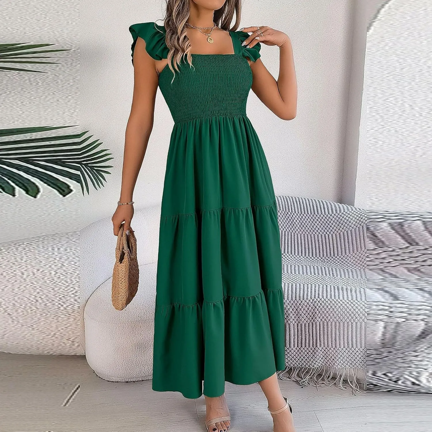 PTOLOCIF Women Summer Sleeveless Maxi Dress Square Neck Smocked Boho Dresses Trendy Ruffle Sleeve Flowy A-Line Beach Sundress